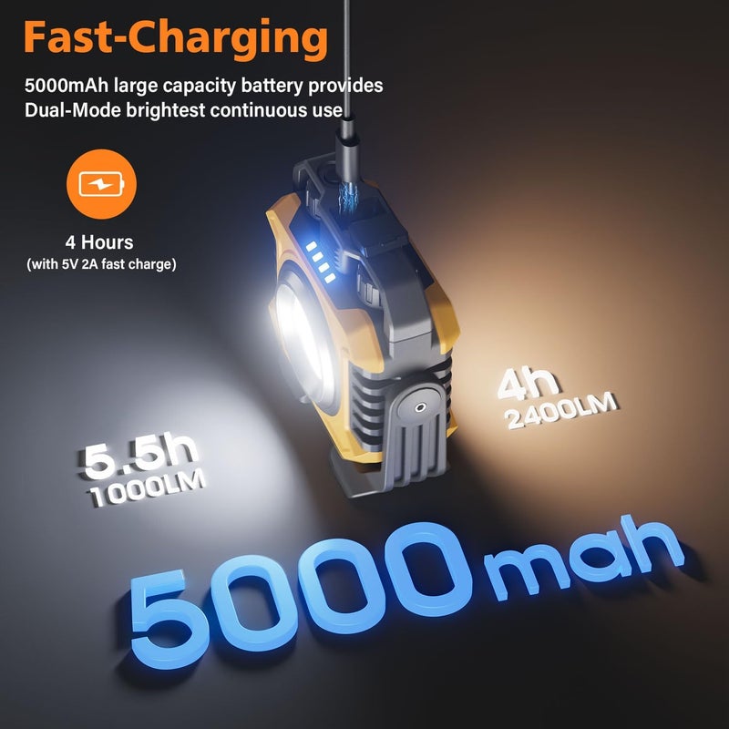Samyoung 2 Pack 2400LM Magnetic Rechargeable Work Light, 28 Hours Long Lasting Stepless 2700-8000K White & Warm Bright Portable LED Work Light, Ultralight 360°Rotating with Hook(Yellow) - Image 4